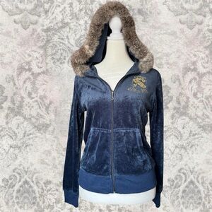 Vintage Juicy Couture Women's Small Y2K Blue Velvet Jacket with Faux Fur Hood